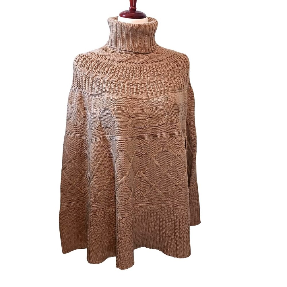 Lord & Taylor Cable-Knit Turtleneck‎ Poncho Sweater, Tan, Size S/M